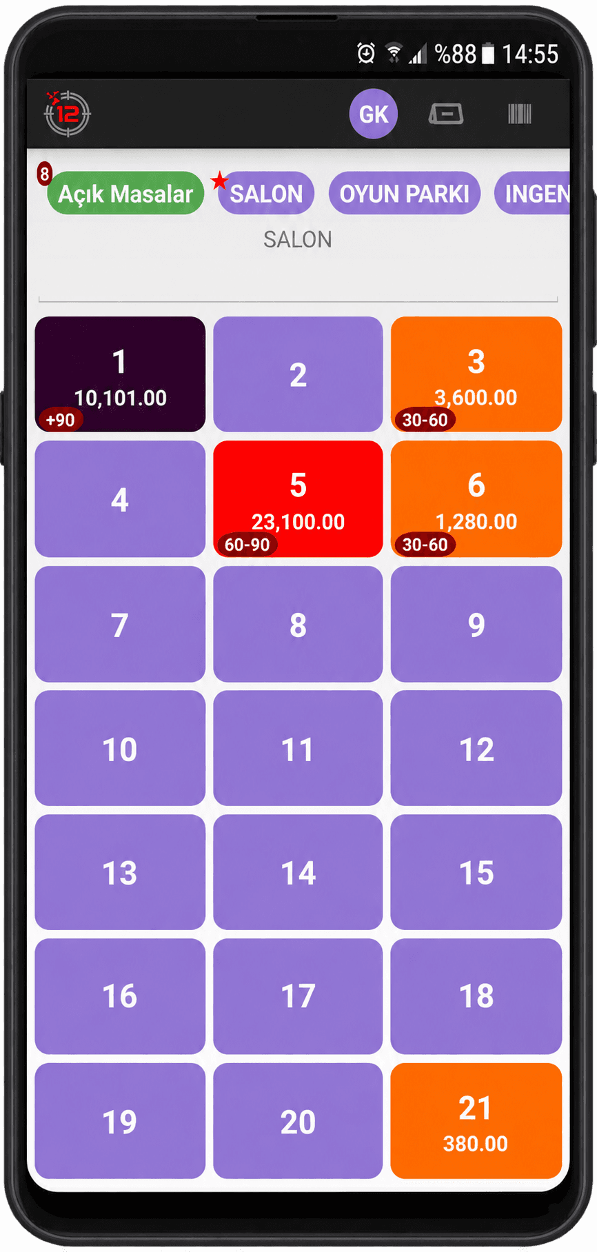 ERP12 Garson Android uygulaması — açık masalar ekranı
