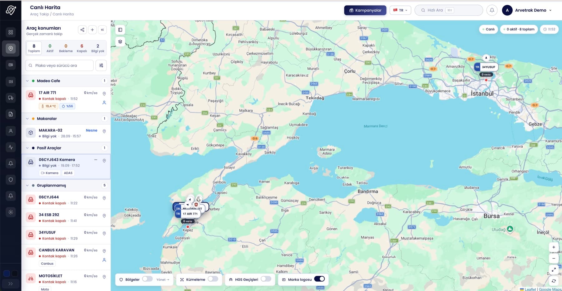Arvetrak canlı araç takip haritası ve filo paneli