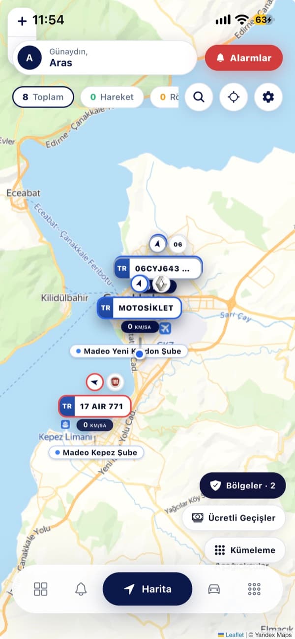 Arvetrak mobil canlı harita ekranı