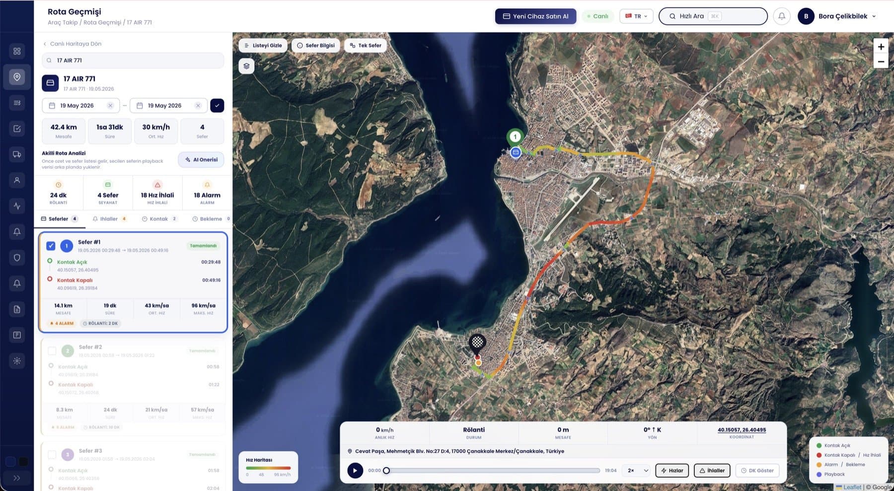 Arvetrak rota geçmişi ve sefer analizi ekranı